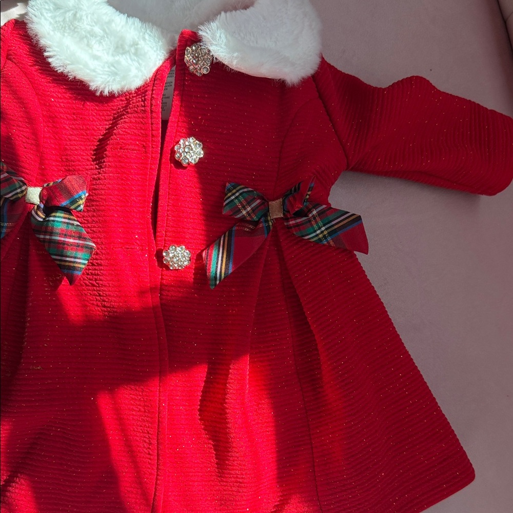 Red Sparkle Baby Coat with Fur Collar and Tartan Bows